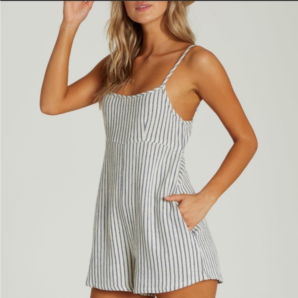 Billabong Beach Blue & White Striped Romper w/ Back tie and pockets